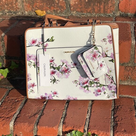 NWT Calvin Klein Cherry Blossom Tote w/Matching Card Case - Embroidered - Picture 2 of 16